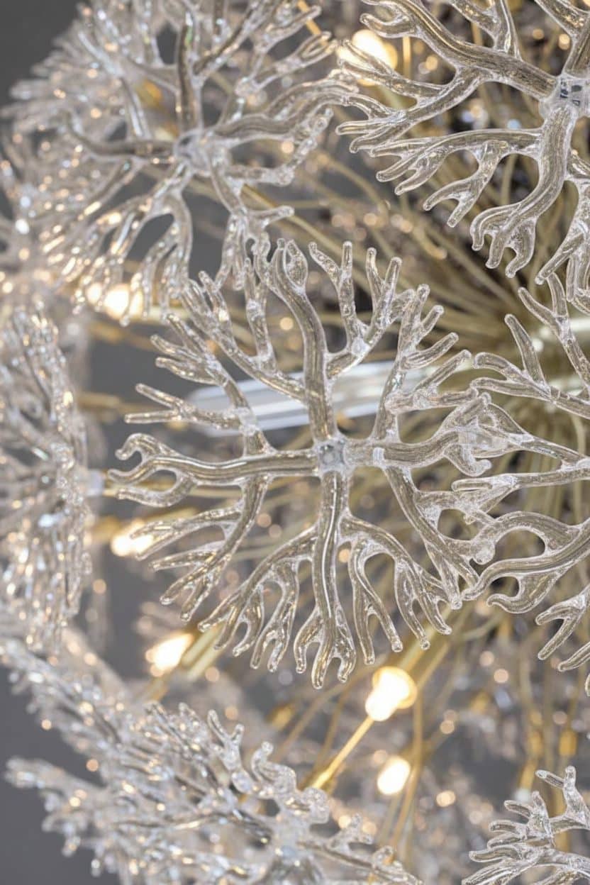 Luxury spherical chandelier with intricate glass branches and brass stem, photographed against a seamless grey background.