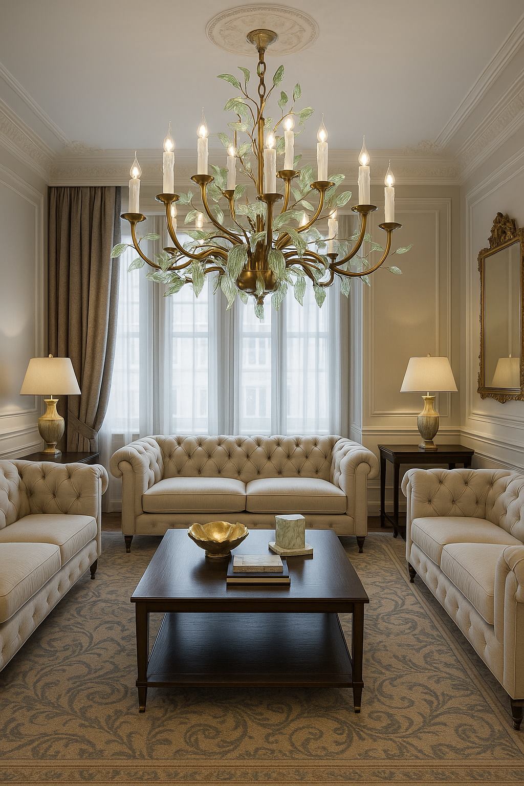 Satin brass chandelier with hand-blown Verde and pearl glass leaves