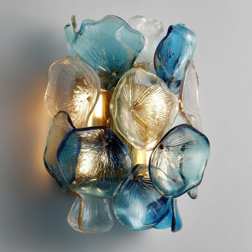 Fiore di Mare Murano glass wall sconce by Rocco Borghese, handmade in Italy with blue and clear glass petals on a polished gold mount.