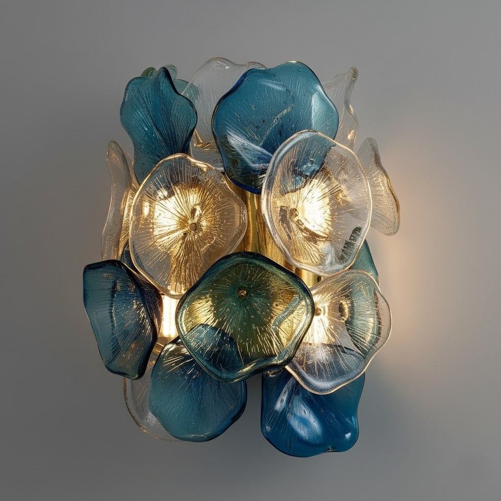 Fiore di Mare Murano glass wall sconce by Rocco Borghese, handmade in Italy with blue and clear glass petals on a polished gold mount.