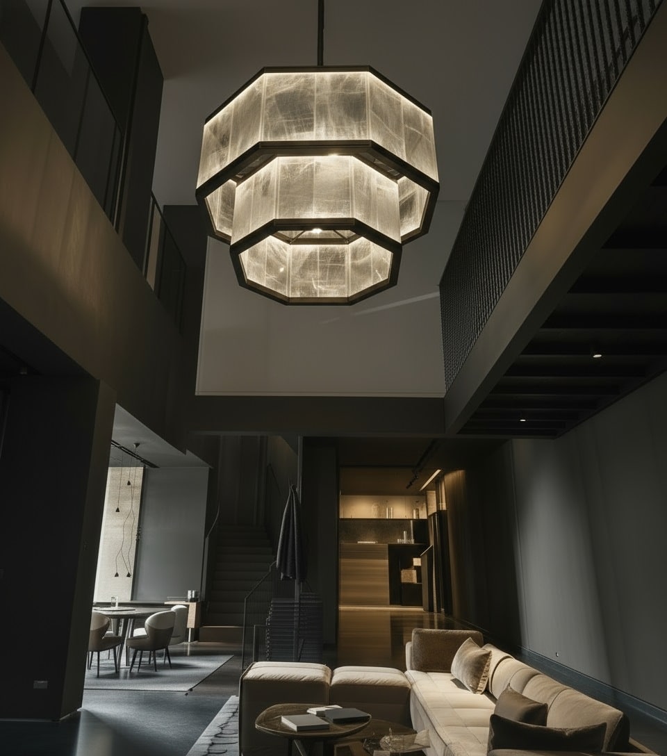 Close-up of Kimi rock-crystal panels with natural veining on brushed bronze frame.