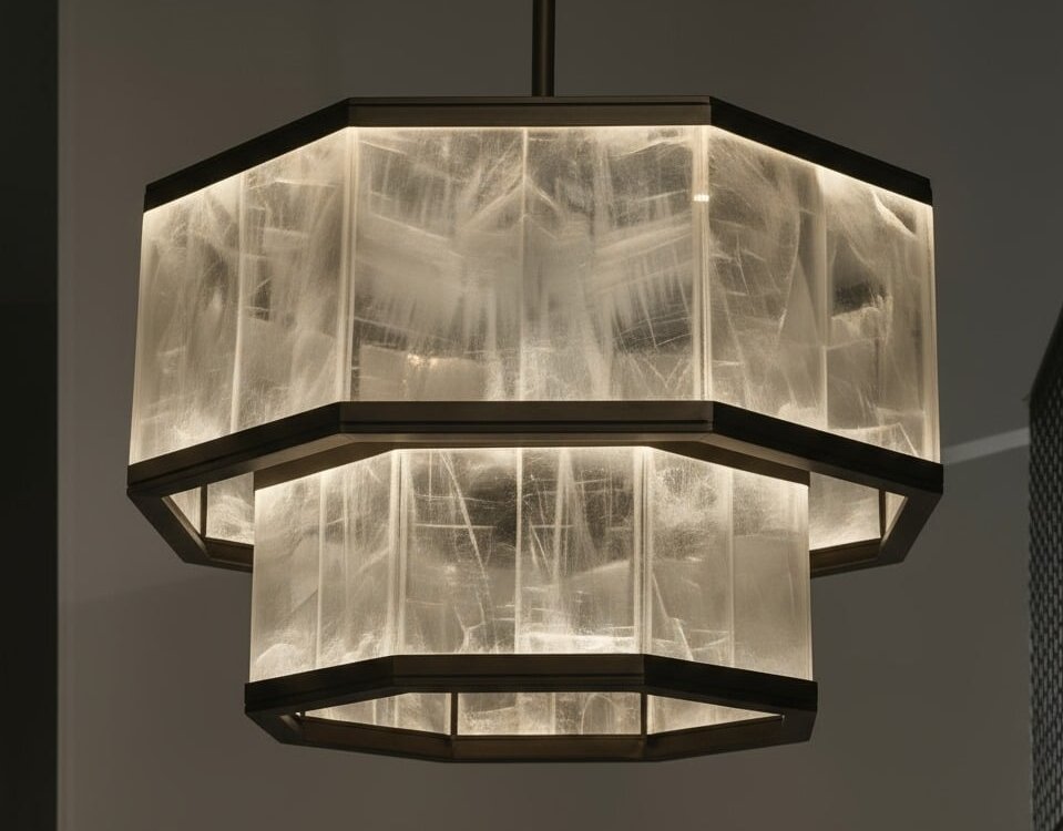 Kimi – Rock Crystal Chandelier 3 Kimi rock crystal chandelier with twin hexagonal tiers in brushed bronze, warm dimmable LED.