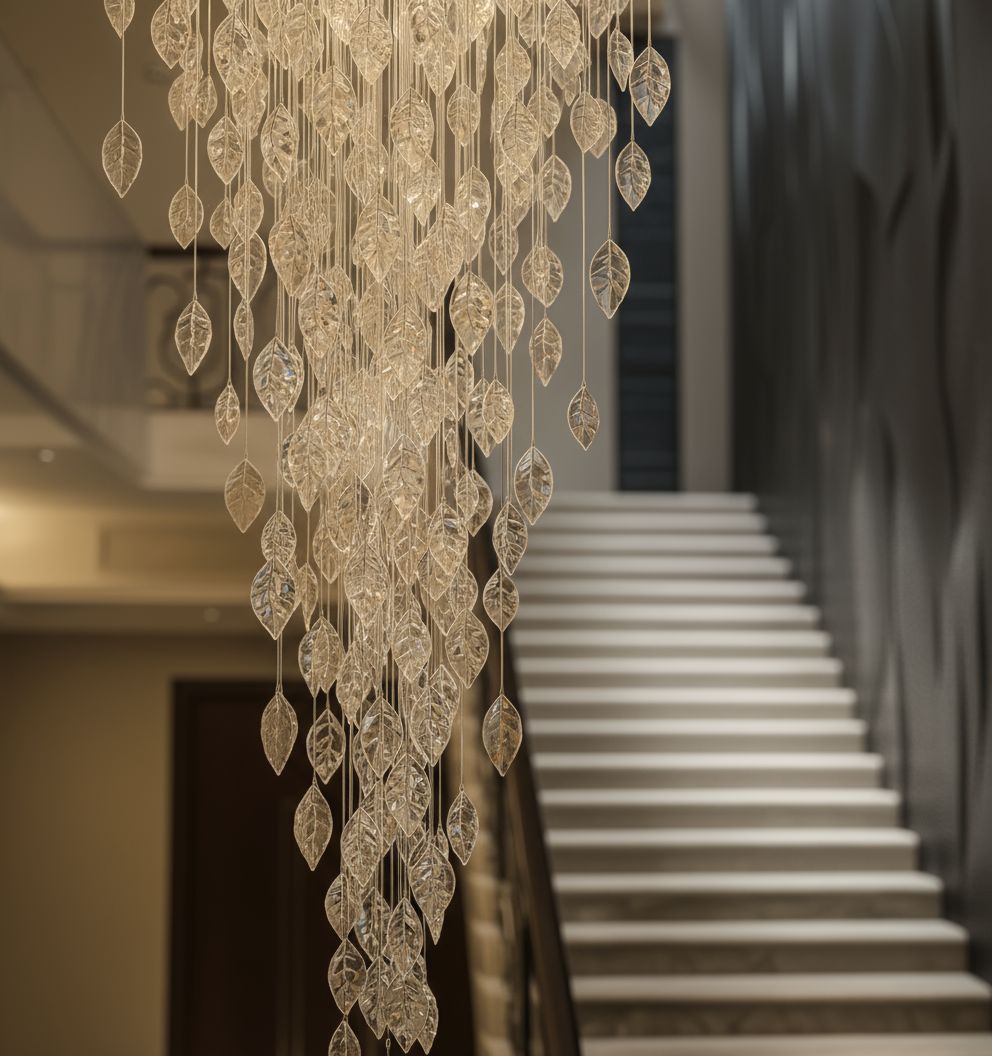 Pioggia di Foglie chandelier cascading through a luxury double-height staircase with marble floors and elegant wall textures.