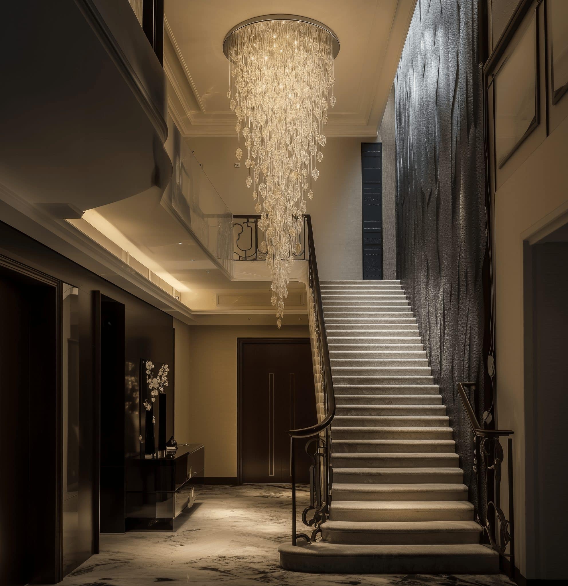 Pioggia di Foglie 1 Pioggia di Foglie chandelier cascading through a luxury double-height staircase with marble floors and elegant wall textures.