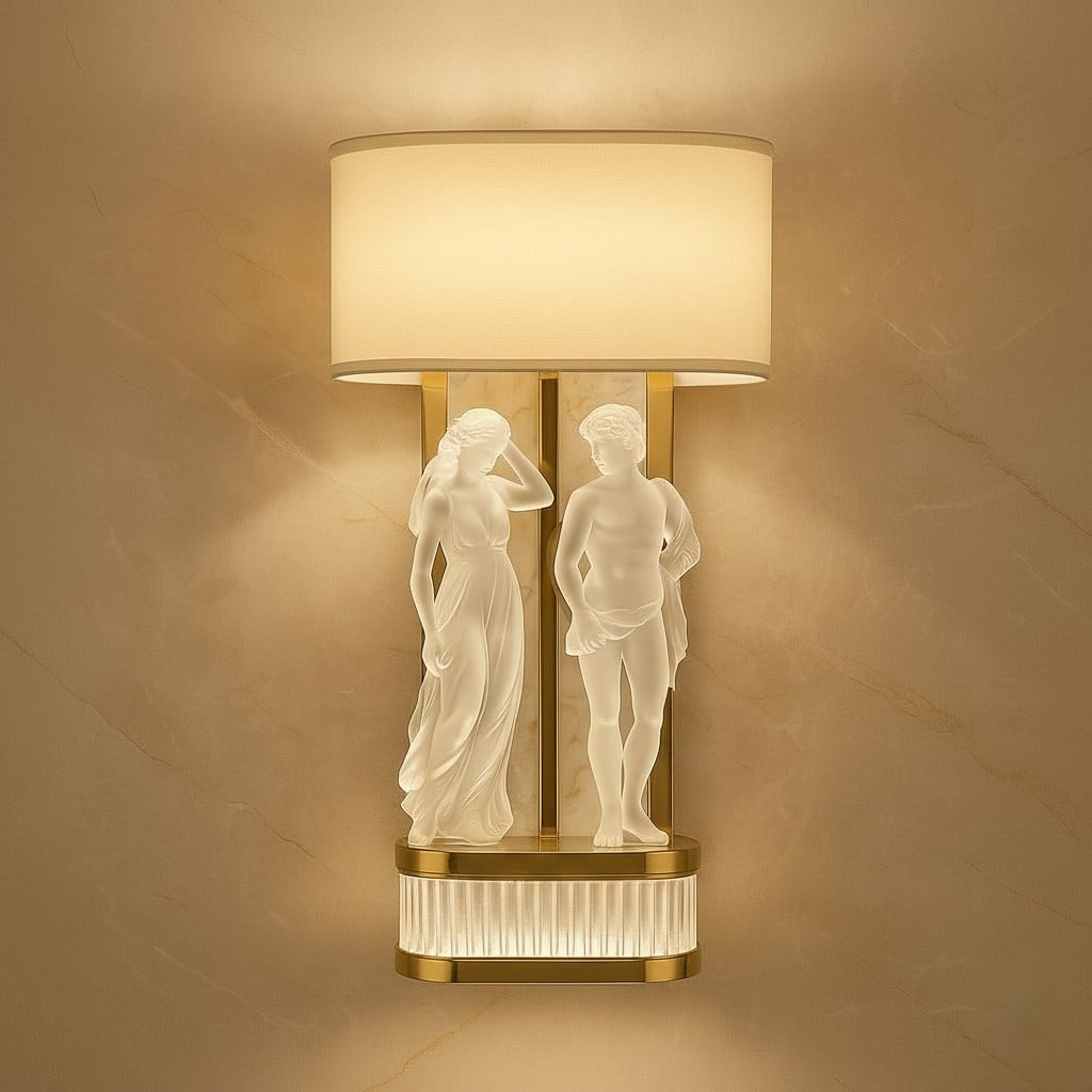Borghesia Eterna sculptural wall light by Rocco Borghese, featuring frosted glass figures, brushed gold frame, and a fabric shade.