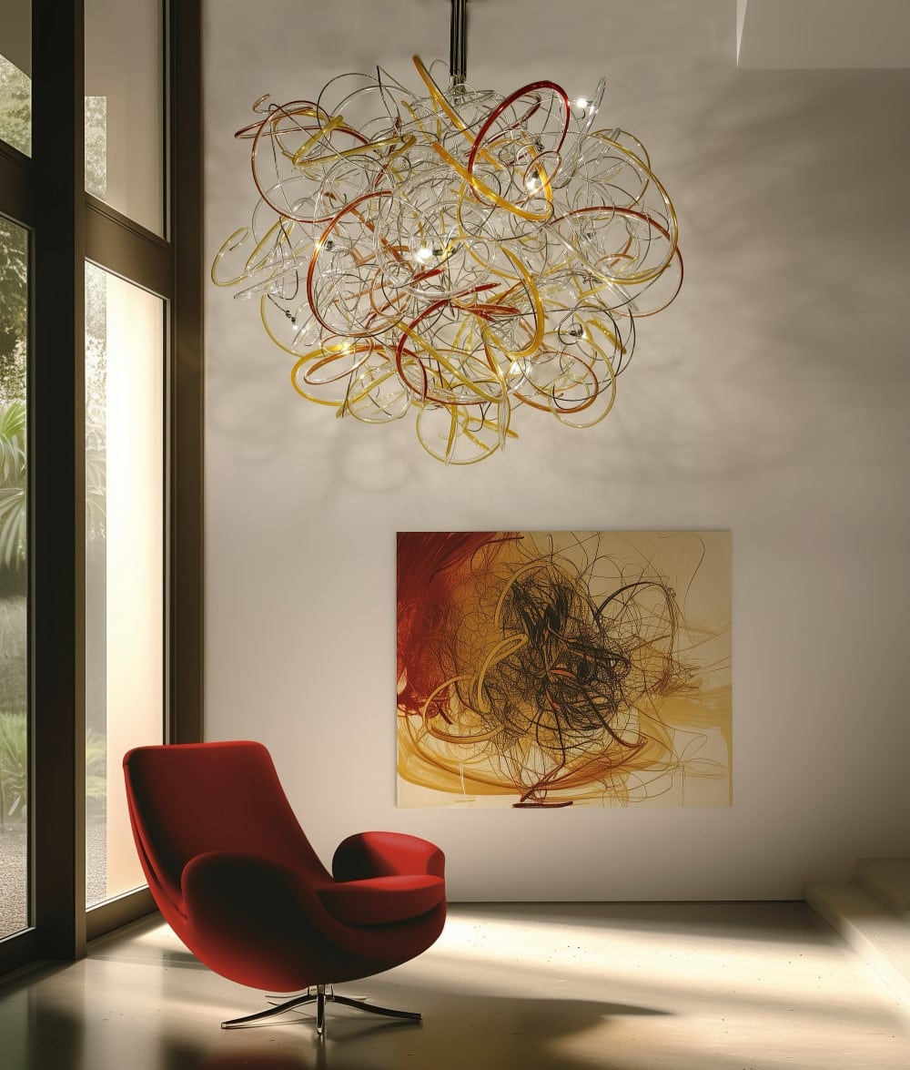 Energia Cosmica chandelier by Italian lighting designer Rocco Borghese — sculptural Murano glass and metal light installation created in 1991, blending art and illumination.