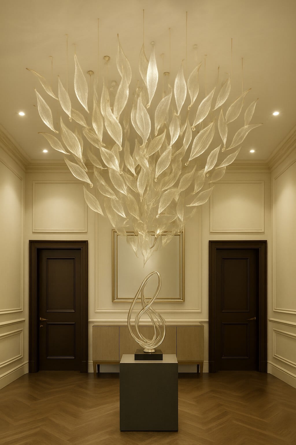 Luxury Murano glass chandelier installation with cascading clear and champagne-gold leaves, bespoke Rocco Borghese design.