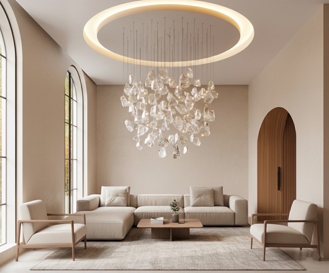 Ghiaccio Splendente luxury glass chandelier under recessed LED halo in a modern living room with arched windows.