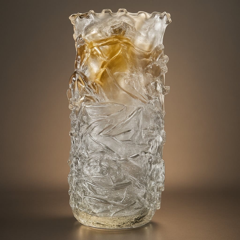 Oro Ghiacciato Murano Glass Vase with Textured Ice Effect and Gold Detail by Rocco Borghese