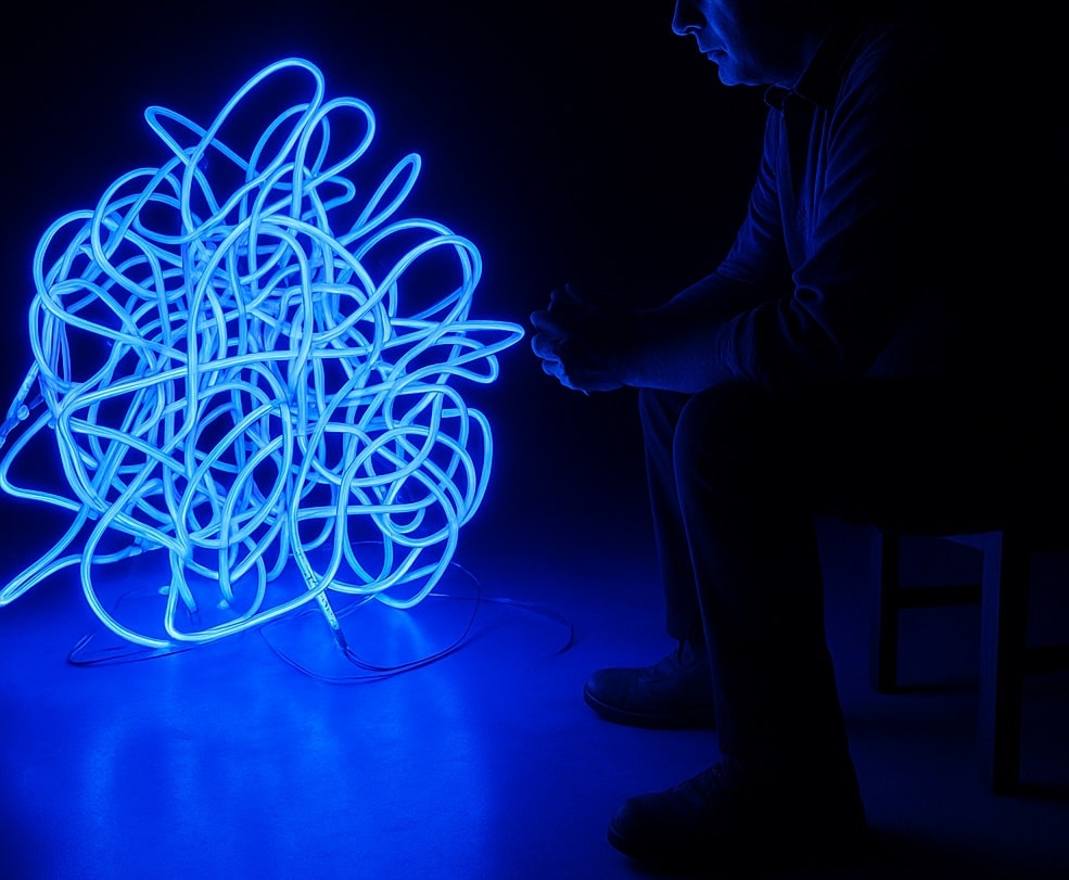 Rocco Borghese creating a neon glass sculpture from the Energia Cosmica collection, blending Italian craftsmanship with modern lighting design.