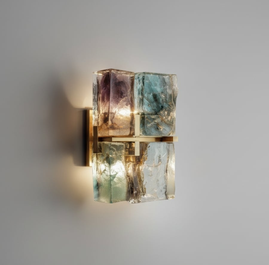 Scogliere di Luce Murano glass wall sconce by Rocco Borghese, featuring hand-cast textured glass blocks in green, amber, and violet tones with a polished brass mount.
