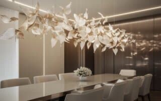 Bespoke sculptural glass chandelier by Rocco Borghese illuminating a contemporary dining space — handcrafted Italian lighting for luxury interiors.