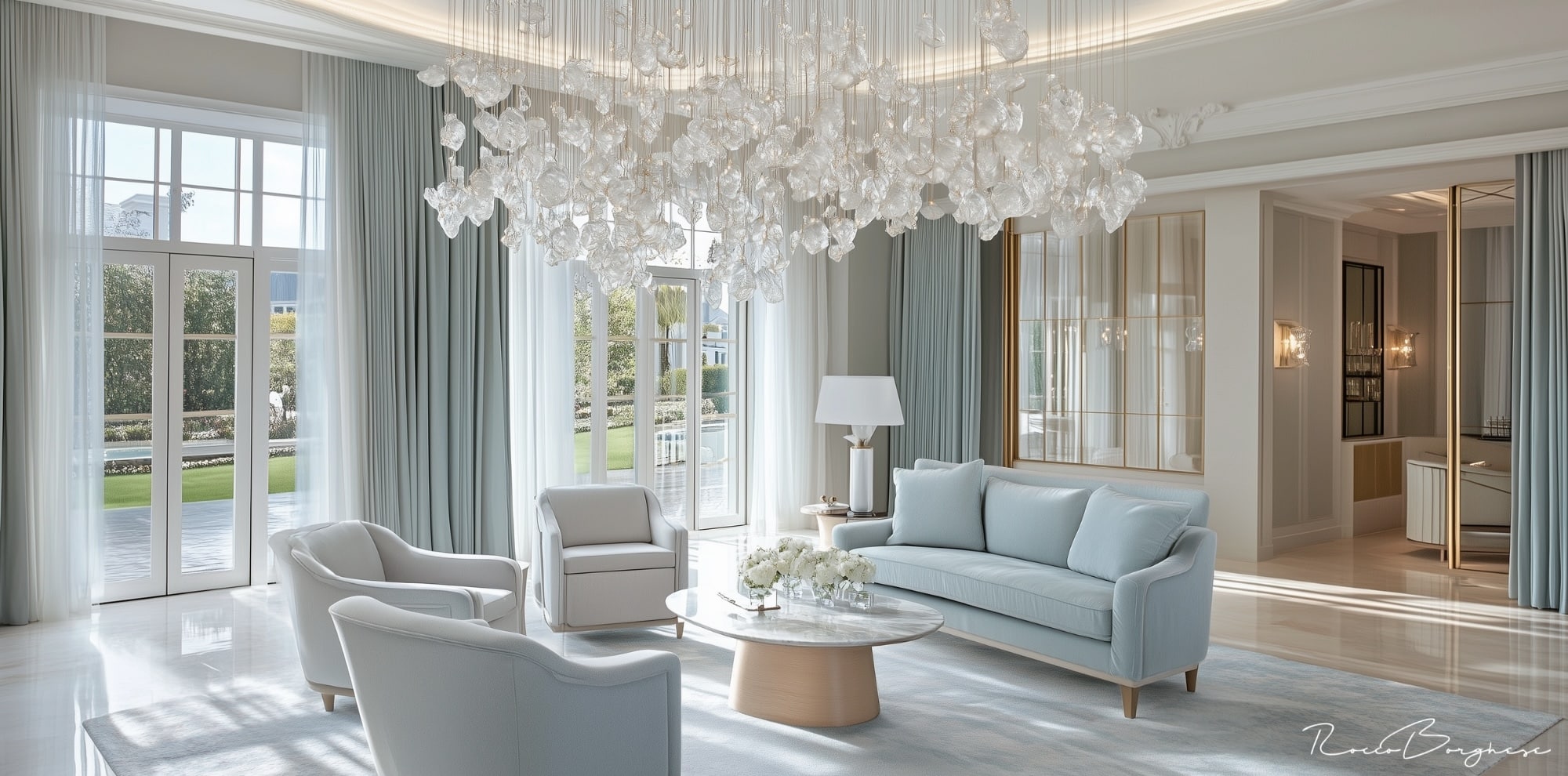 “Sculptural glass chandelier in a luxury light-filled living room with pastel blue seating and large windows.”