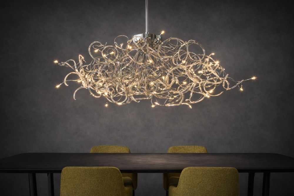 Energia Clara wide body sculptural chandelier by Rocco Borghese, handcrafted contemporary lighting artwork
