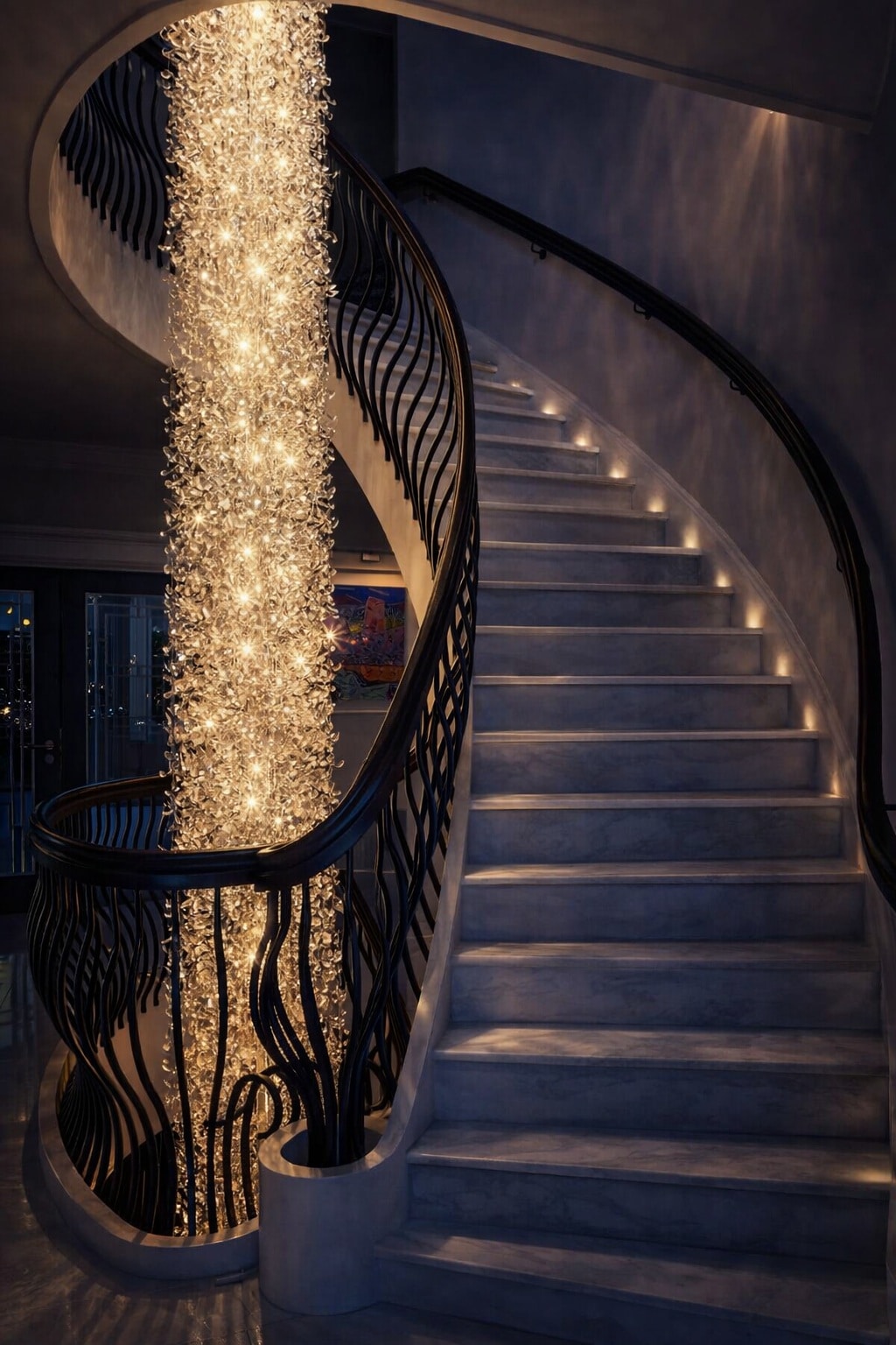 Bespoke Seaflowers crystal staircase chandelier illuminating a curved marble staircase, handcrafted by Rocco Borghese in Italy